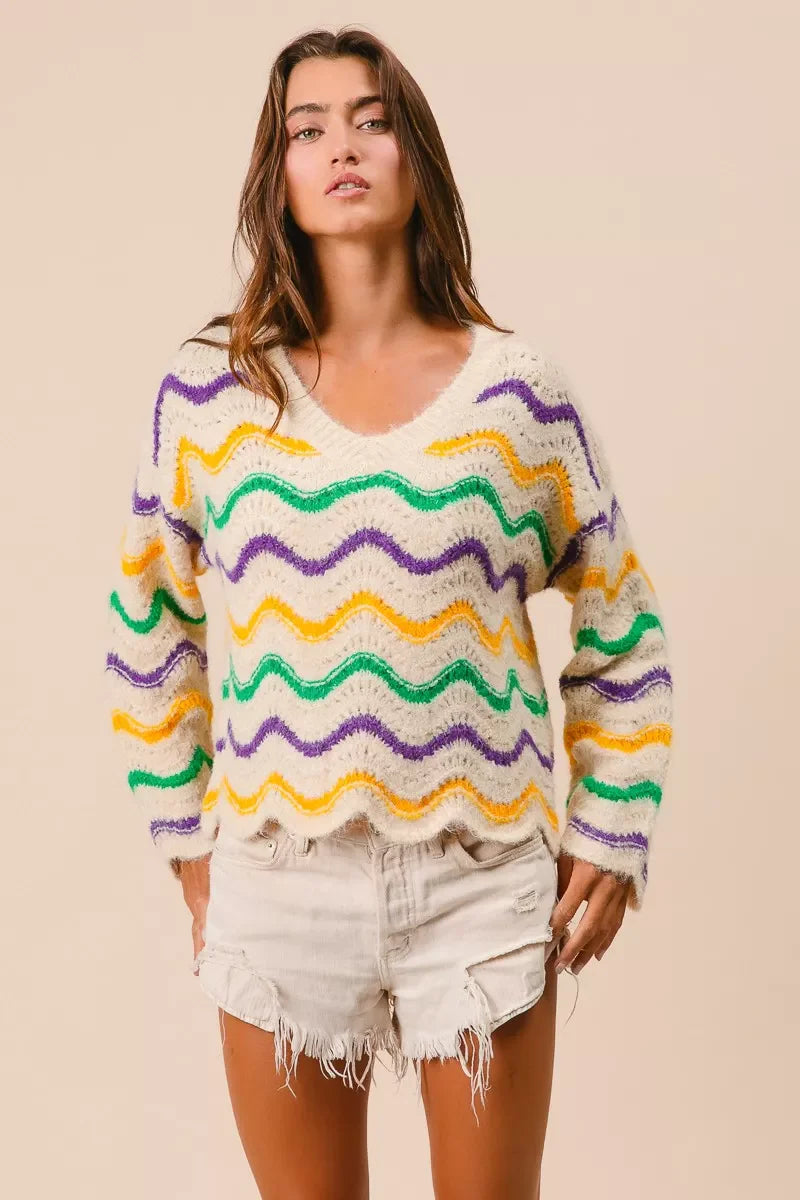 BiBi Mardi Gras Wavy Stripes V-Neck Sweater