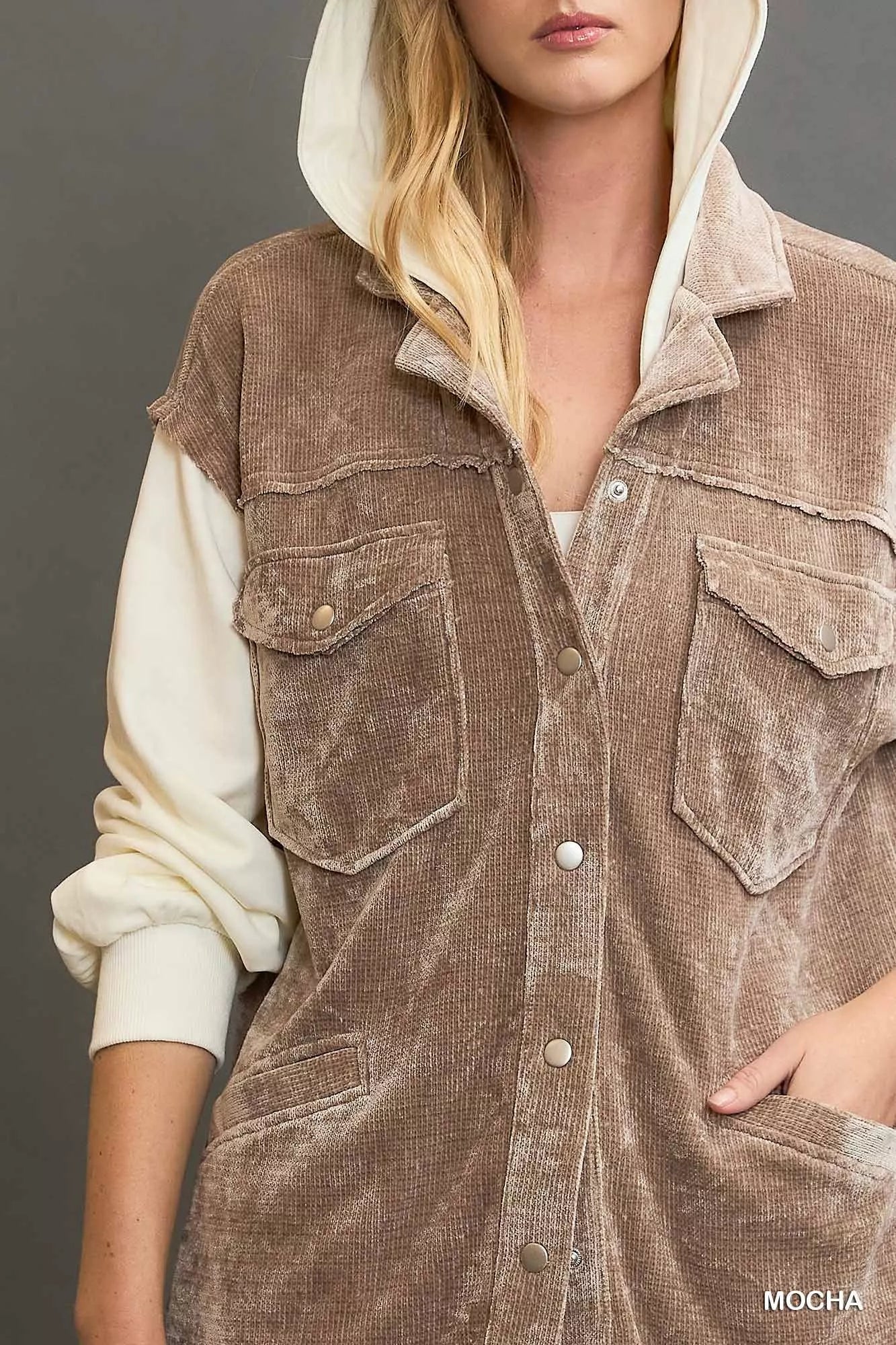 Umgee Contrast Hooded Chenille Jacket