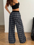 Plaid Wide-Leg Pants with Elastic Waistband