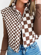 Double Checked Stand Collar Cropped Puffer Vest