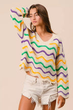 BiBi Mardi Gras Wavy Stripes V-Neck Sweater