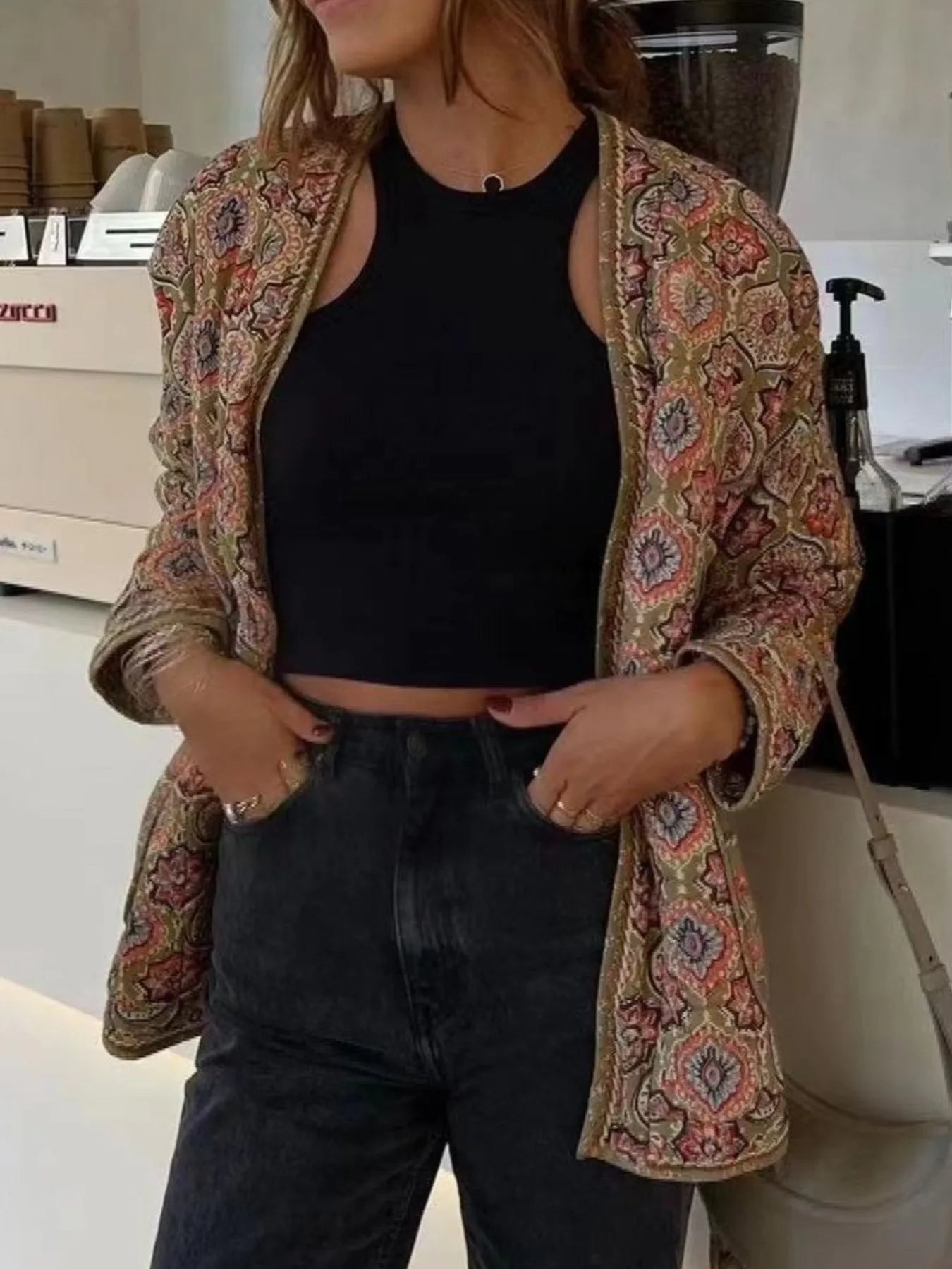 Belted Open Front Floral Winter Coat