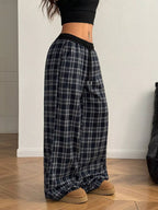 Plaid Wide-Leg Pants with Elastic Waistband