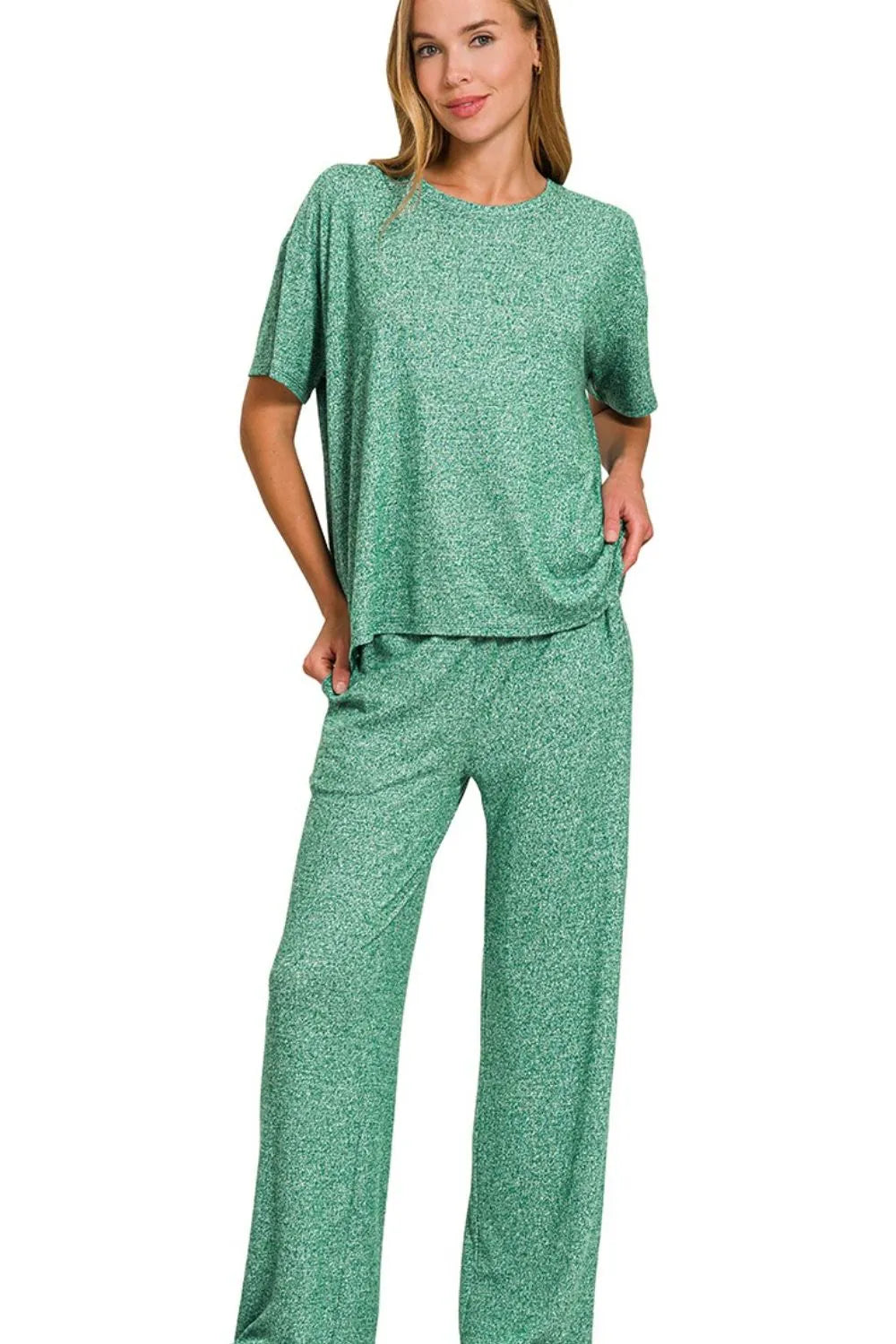 Zenana Soft Melange Short Sleeve Tee & Long Pants Set
