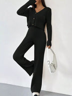 Ribbed Knit Button Up Top and Pants Set