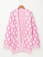 Rhombus Pattern Knit Open Front Pocketed Cardigans