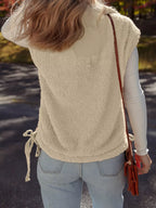 Faux Fur Snap Button Front Knot Side Plush Vest with Pockets