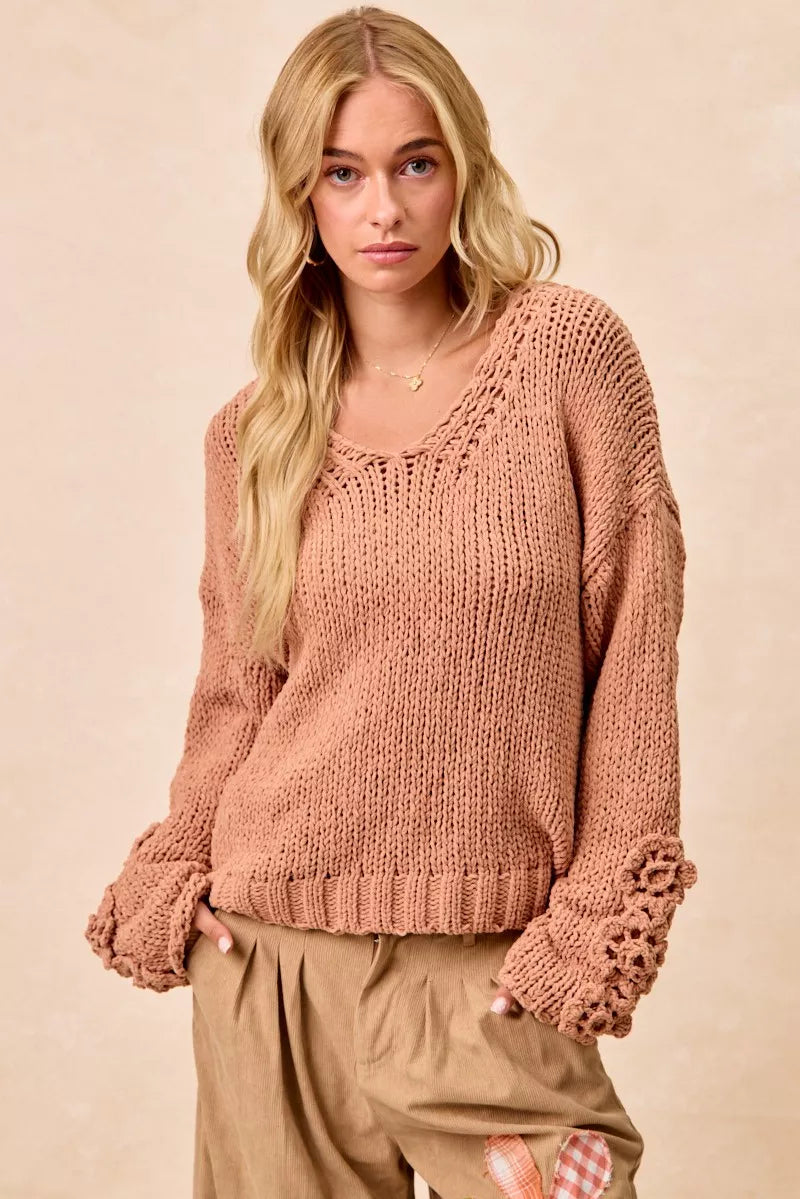 BiBi Chunky Knit Sweater with Flower Detail Sleeves