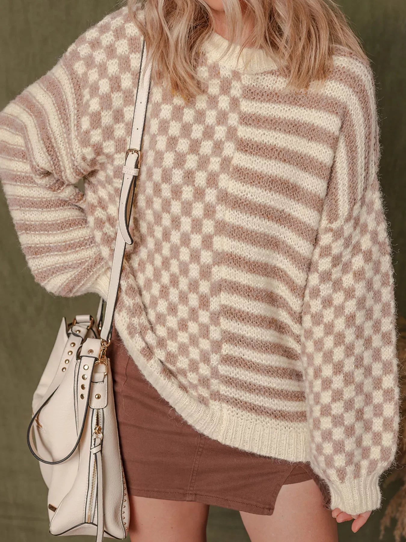 Checkerboard & Striped Pattern Knit Sweater