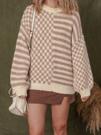 Checkerboard & Striped Pattern Knit Sweater