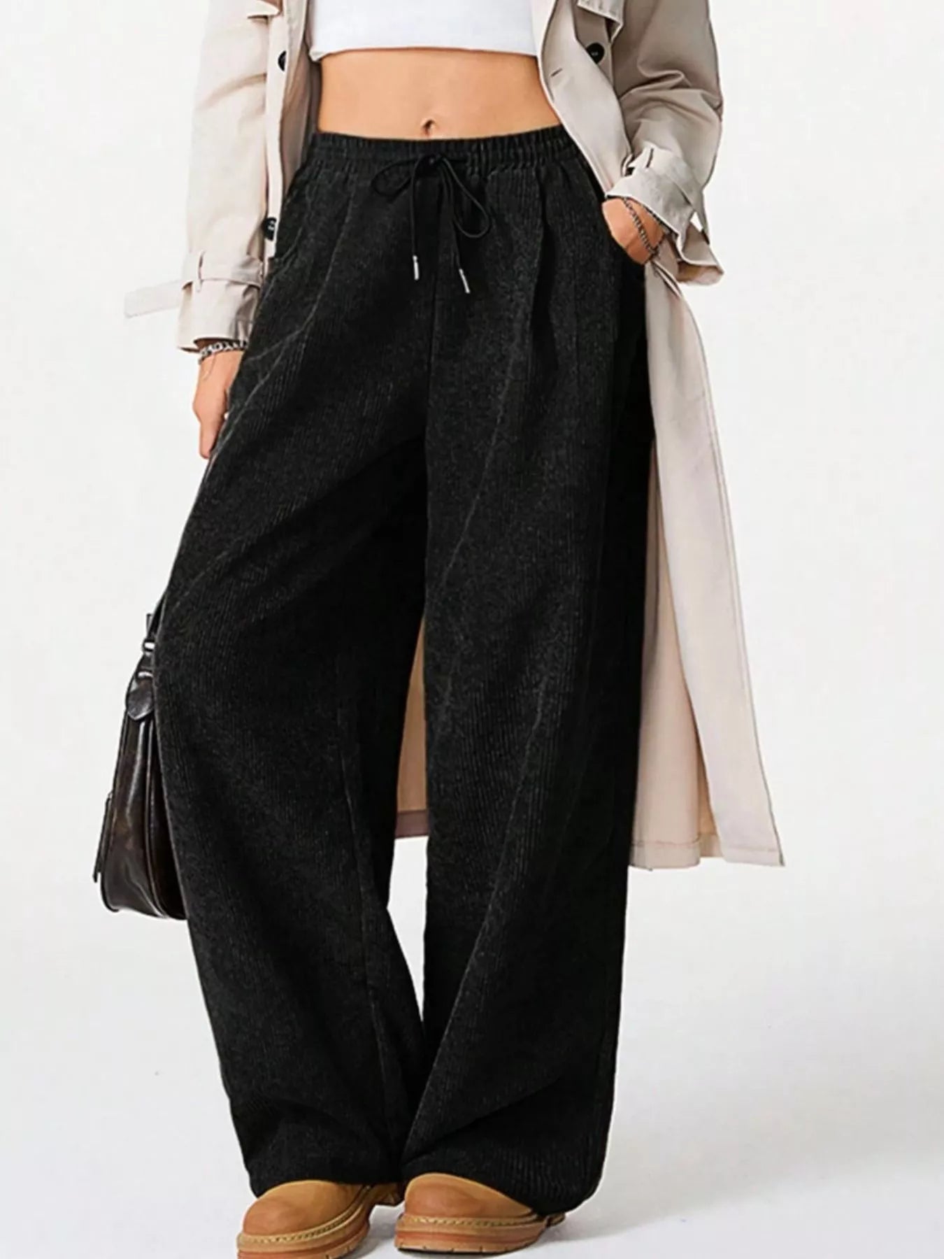 Wide Leg Corduroy Drawstring Pants