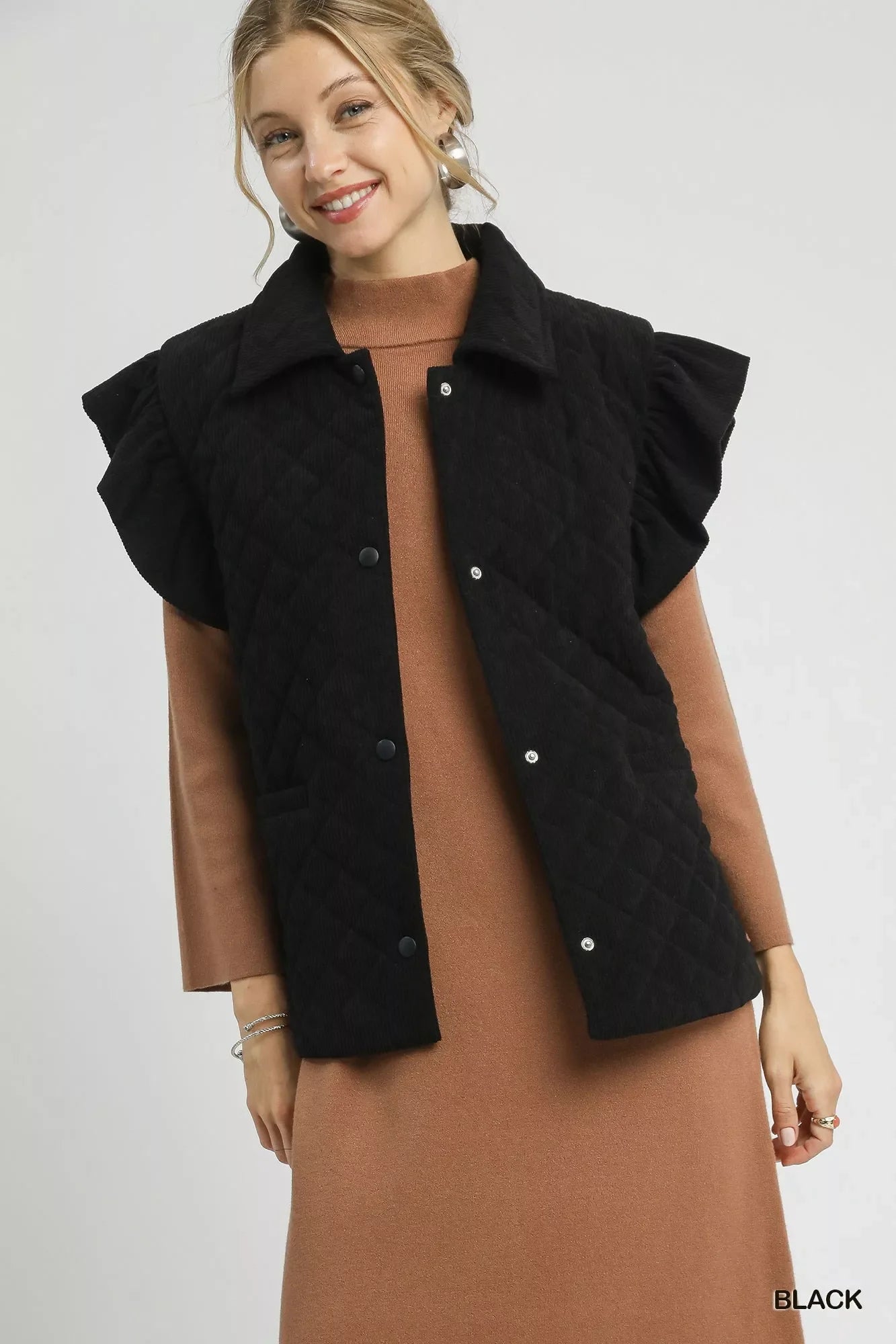 Umgee Corduroy Quilted Ruffle Sleeve Vest