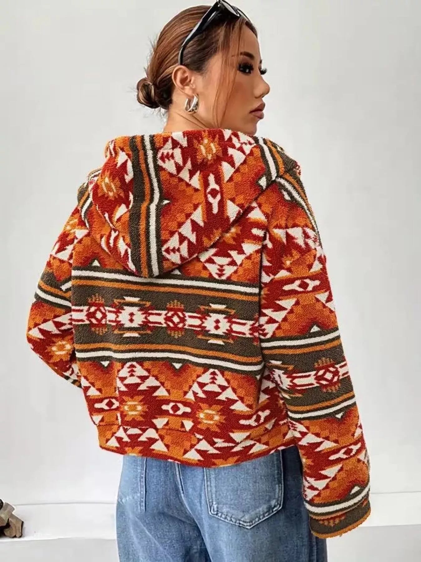 Aztec Print Zip Up Fuzzy Outerwear