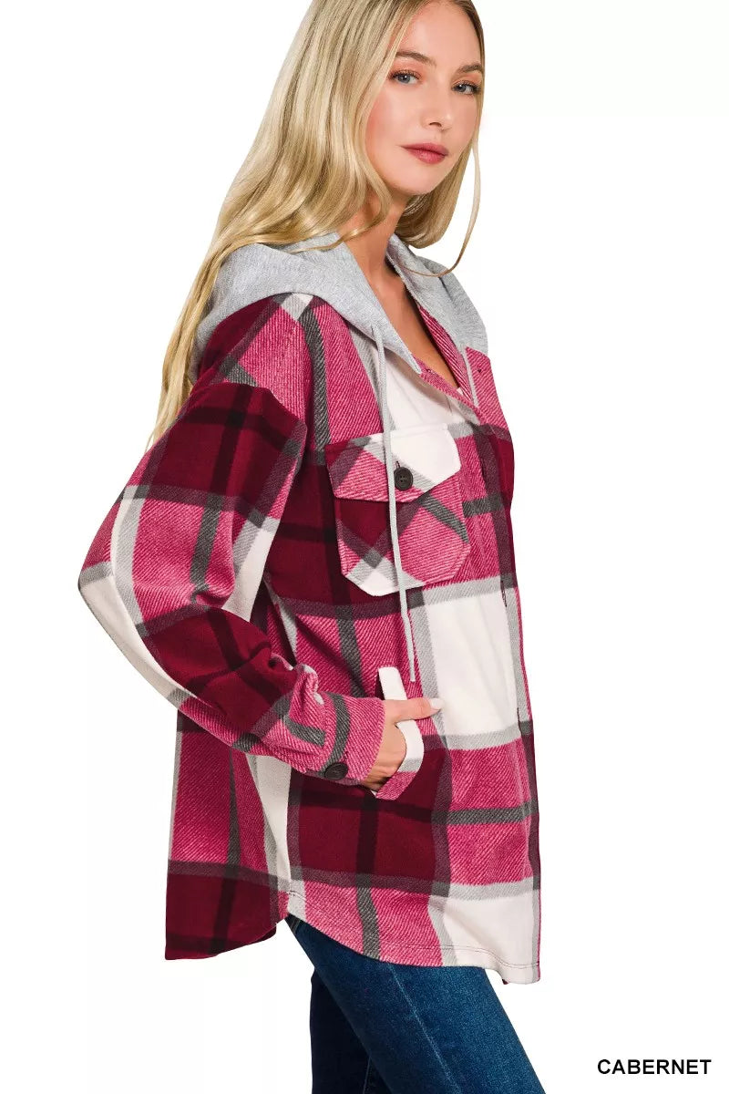 Zenana Plaid Drawstring Hooded Fleece Shacket