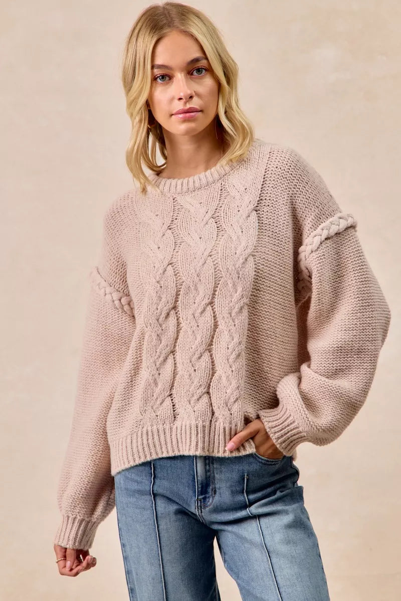 BiBi Cable Knit Sweater with Shoulder Braid Detail