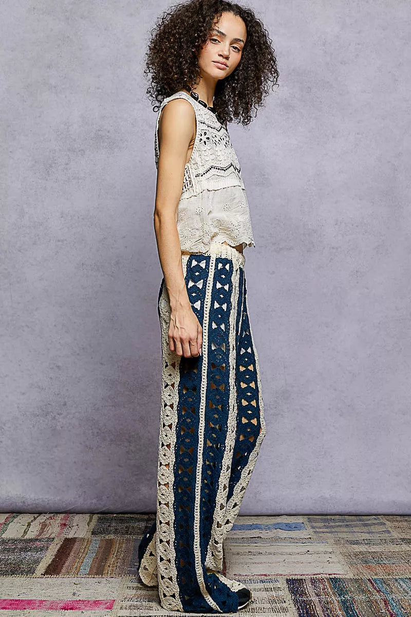 POL Openwork Wide Leg Pants with Stripe Detail
