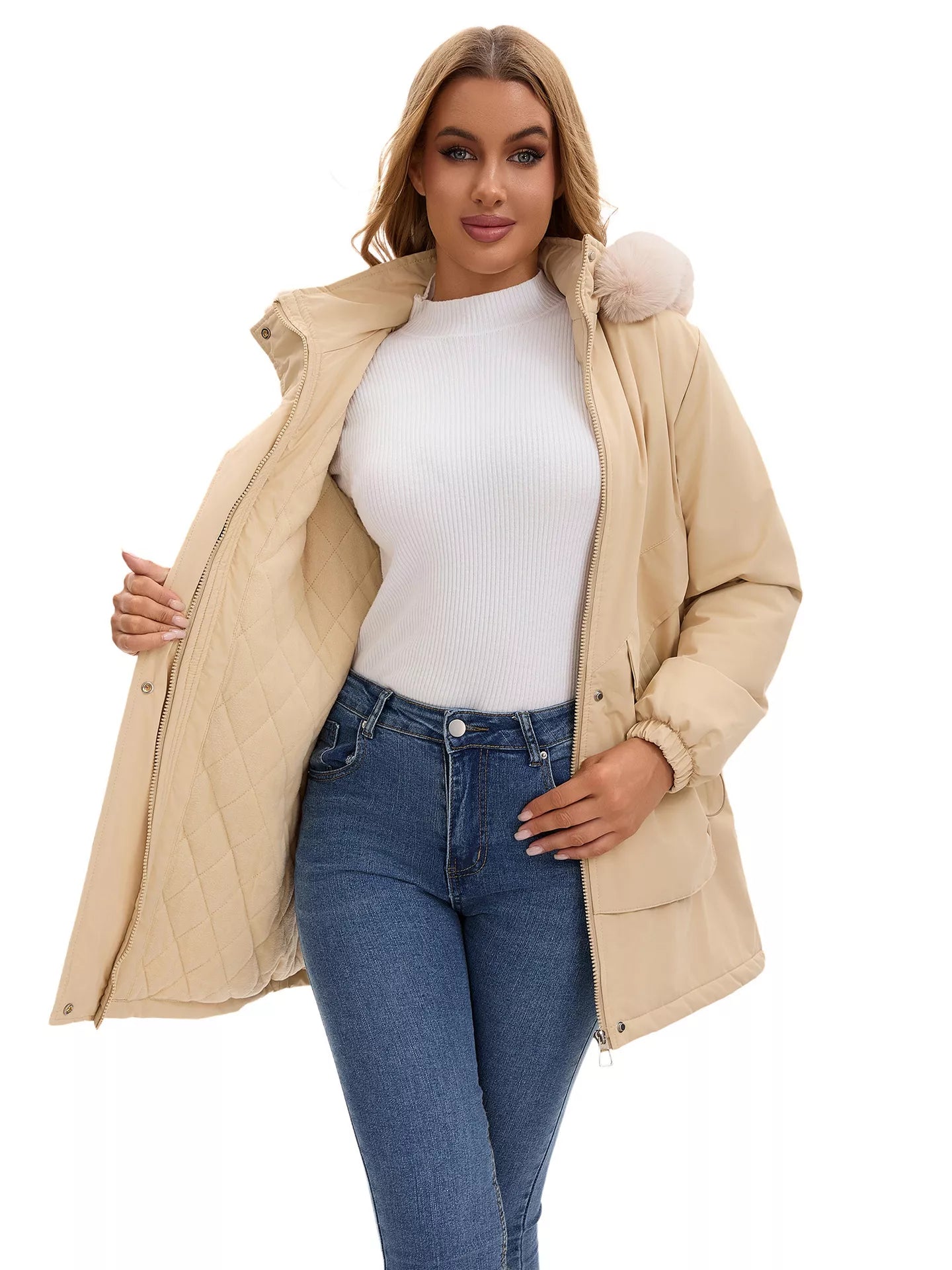 Full Size Fur Hooded Warm Winter Parka Outerwear Plus Size