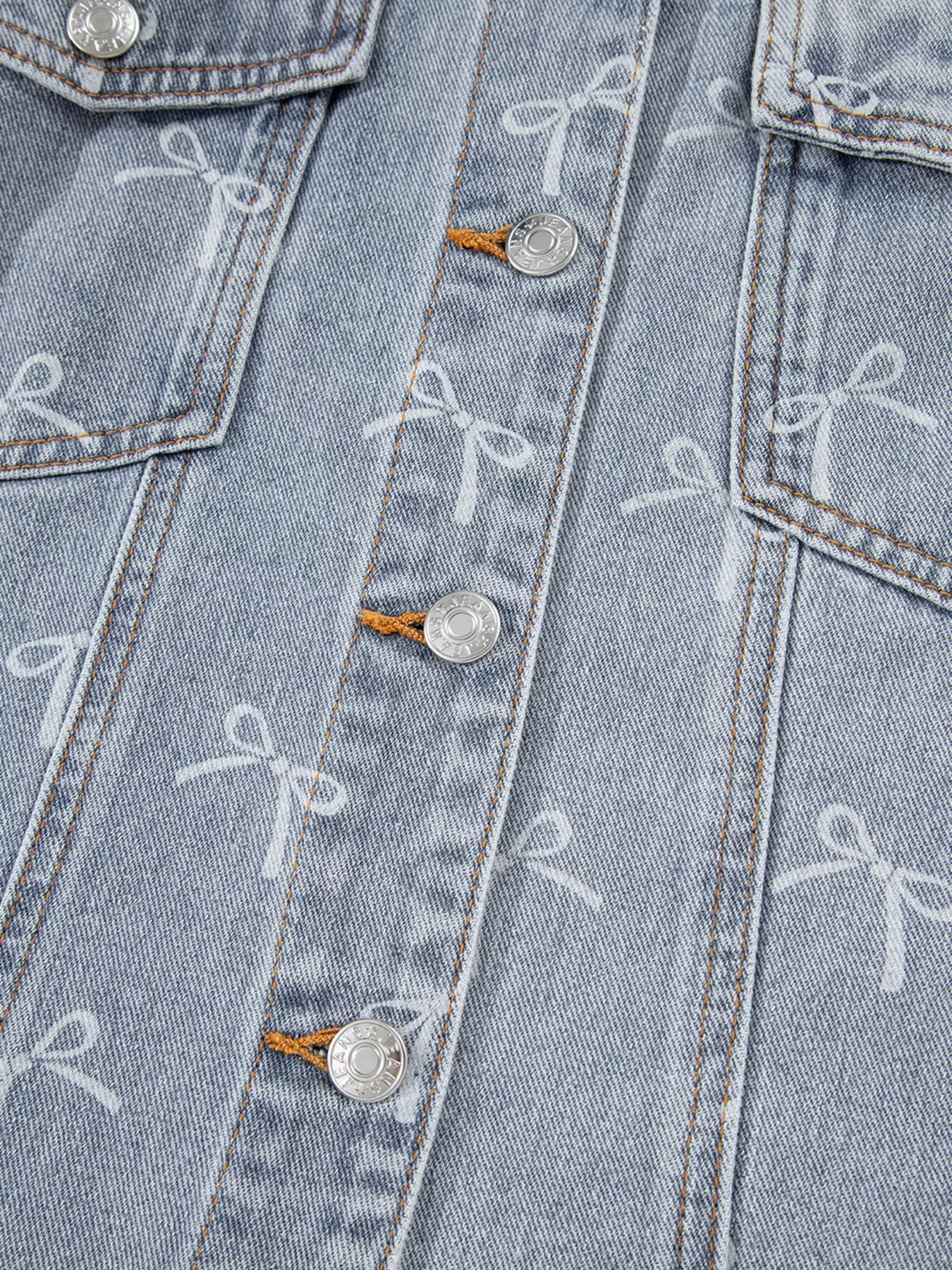 Bow Knot Print Light Wash Raw Hem Denim Jacket