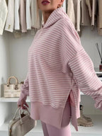Stripe Thumbhole Side Slits Drop Shoulder Loose Fit Hoodie