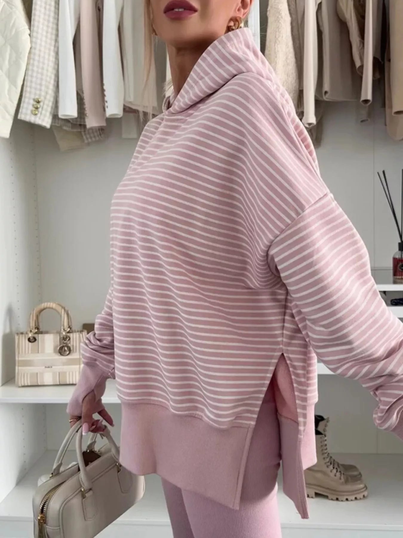 Stripe Thumbhole Side Slits Drop Shoulder Loose Fit Hoodie