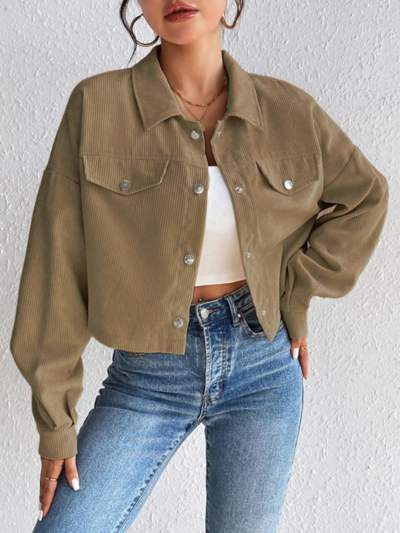 Casual Corduroy Snap Down Cropped Jacket