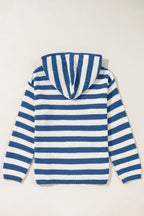 Stripe V Neck Pocketed Drawstring Hooded Sweater