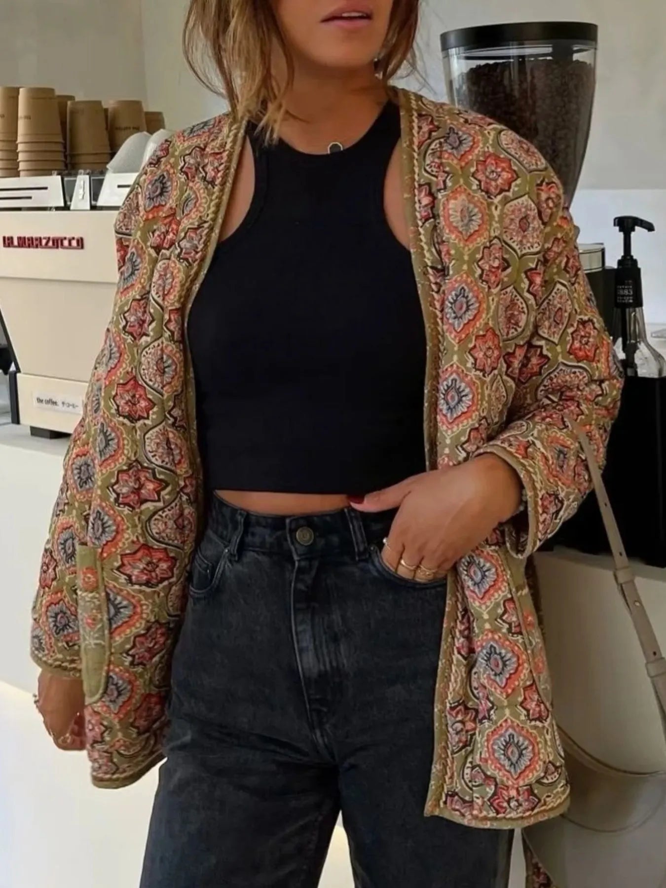 Belted Open Front Floral Winter Coat