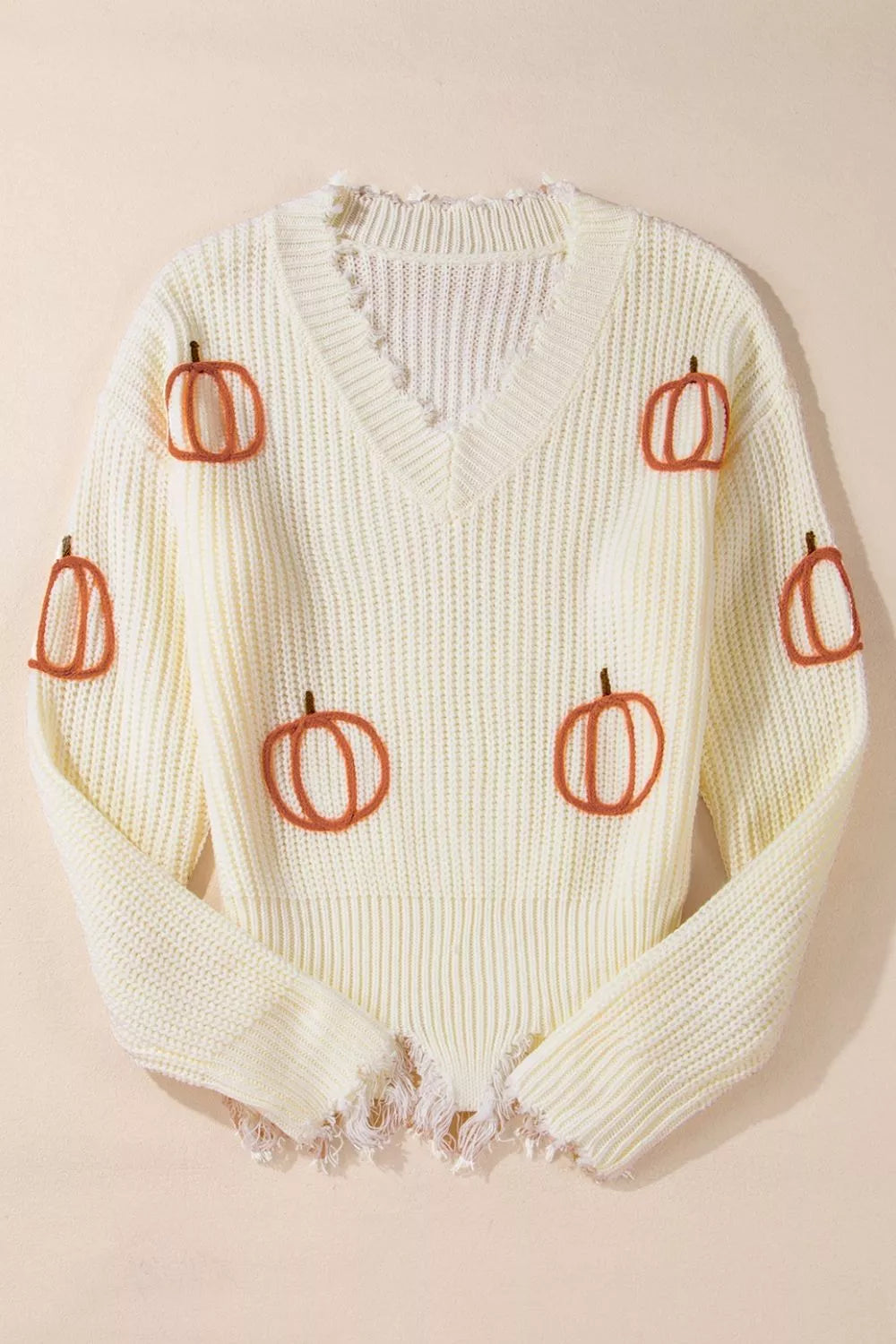 Cable Knit Pumpkin Raw Hem V Neck Loose Sweater