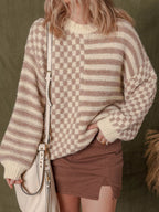 Checkerboard & Striped Pattern Knit Sweater