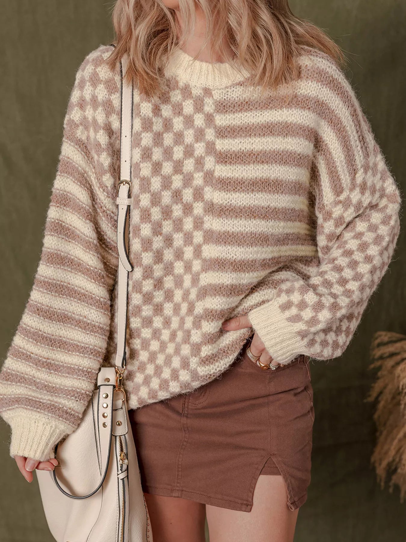 Checkerboard & Striped Pattern Knit Sweater