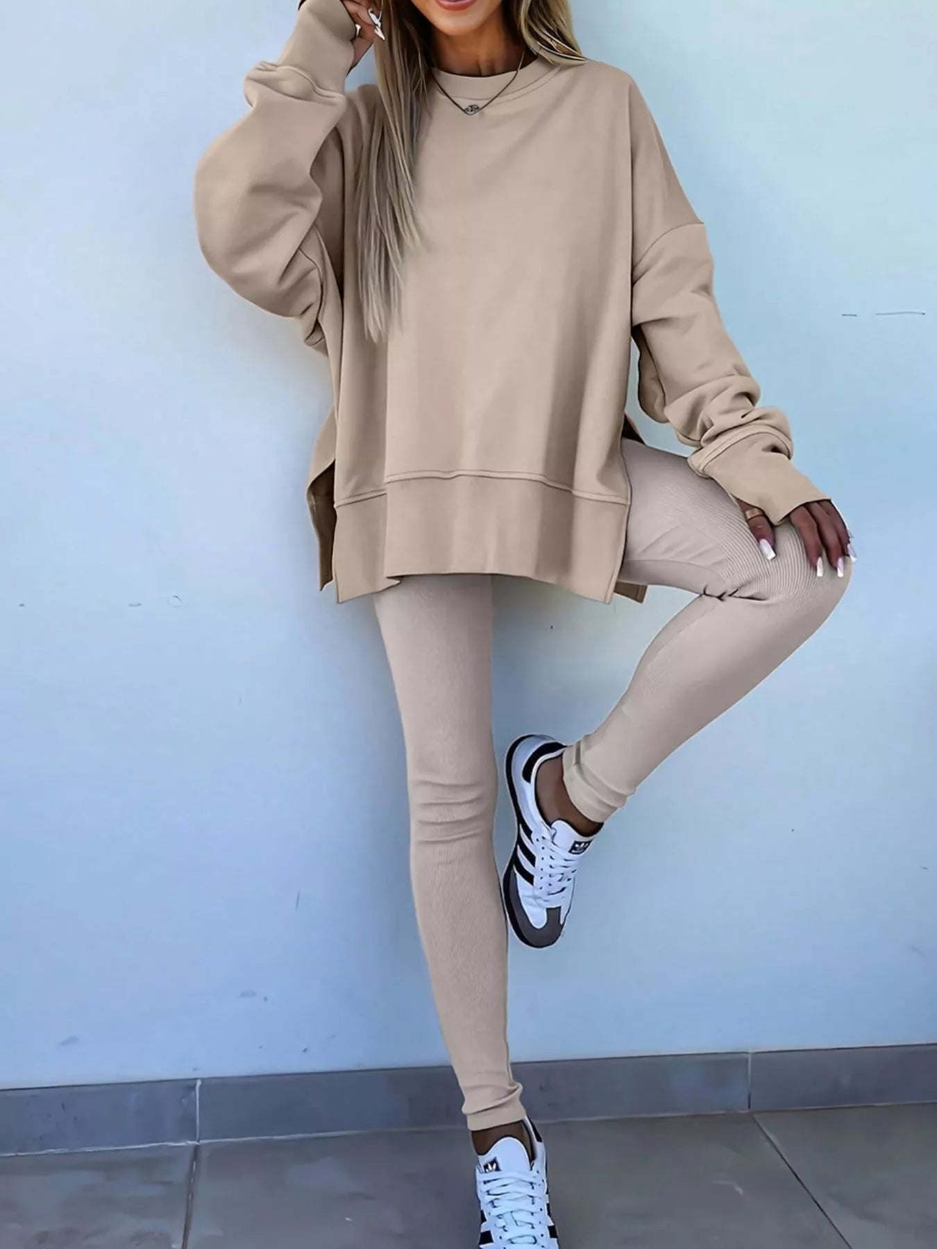 Solid Color Oversize Slit Sweatshirt and Ribbed Leggings 2pcs Set