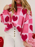 Heart Pattern Checkered Round Neck Sweater