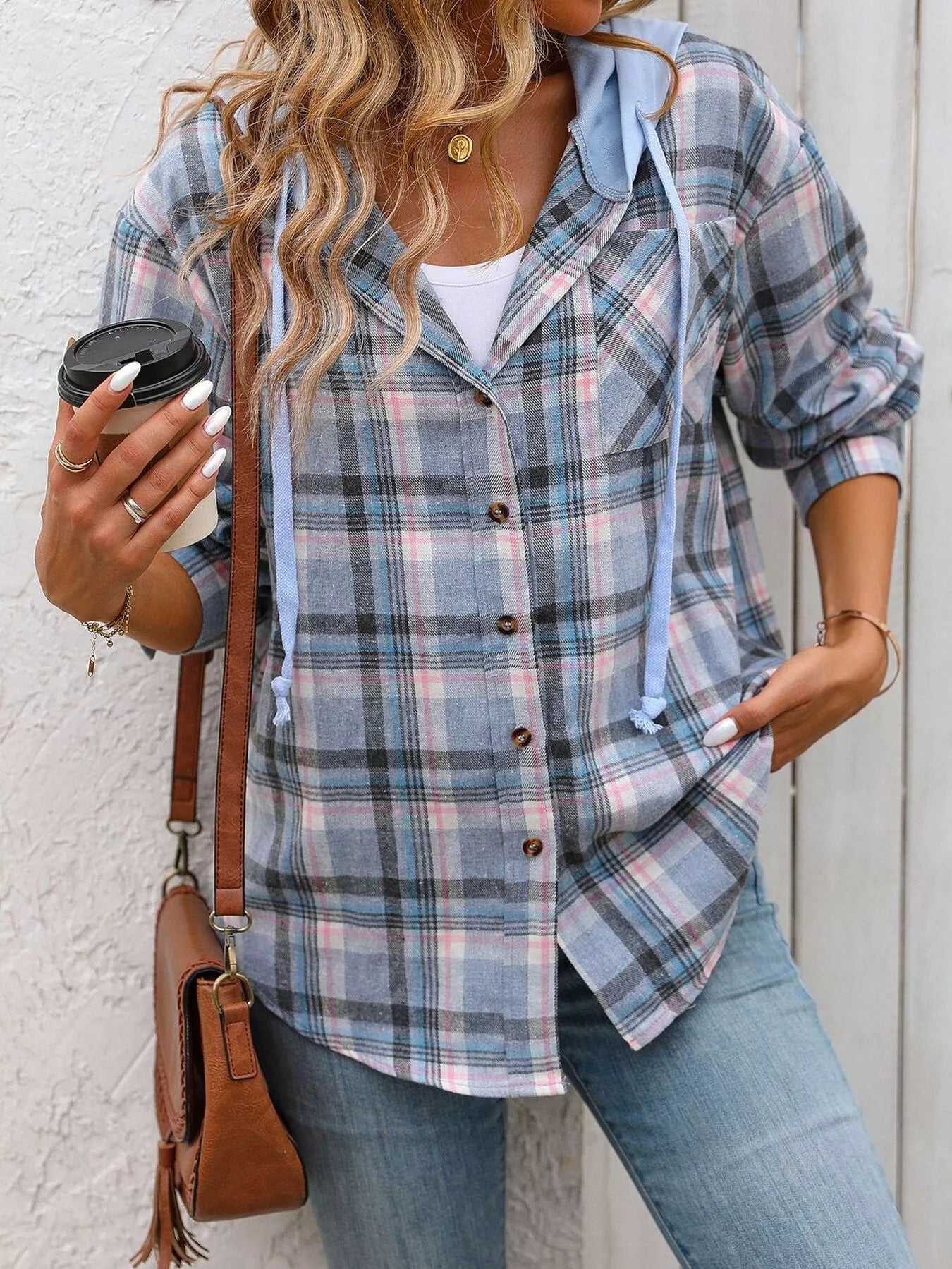 Hooded Plaid Button-Up Shirt