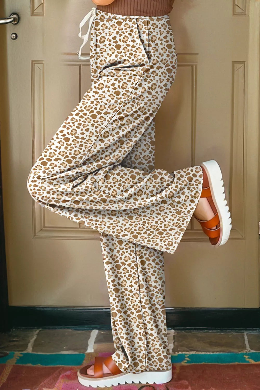 Leopard Drawstring Elastic Waistband Loose Pants