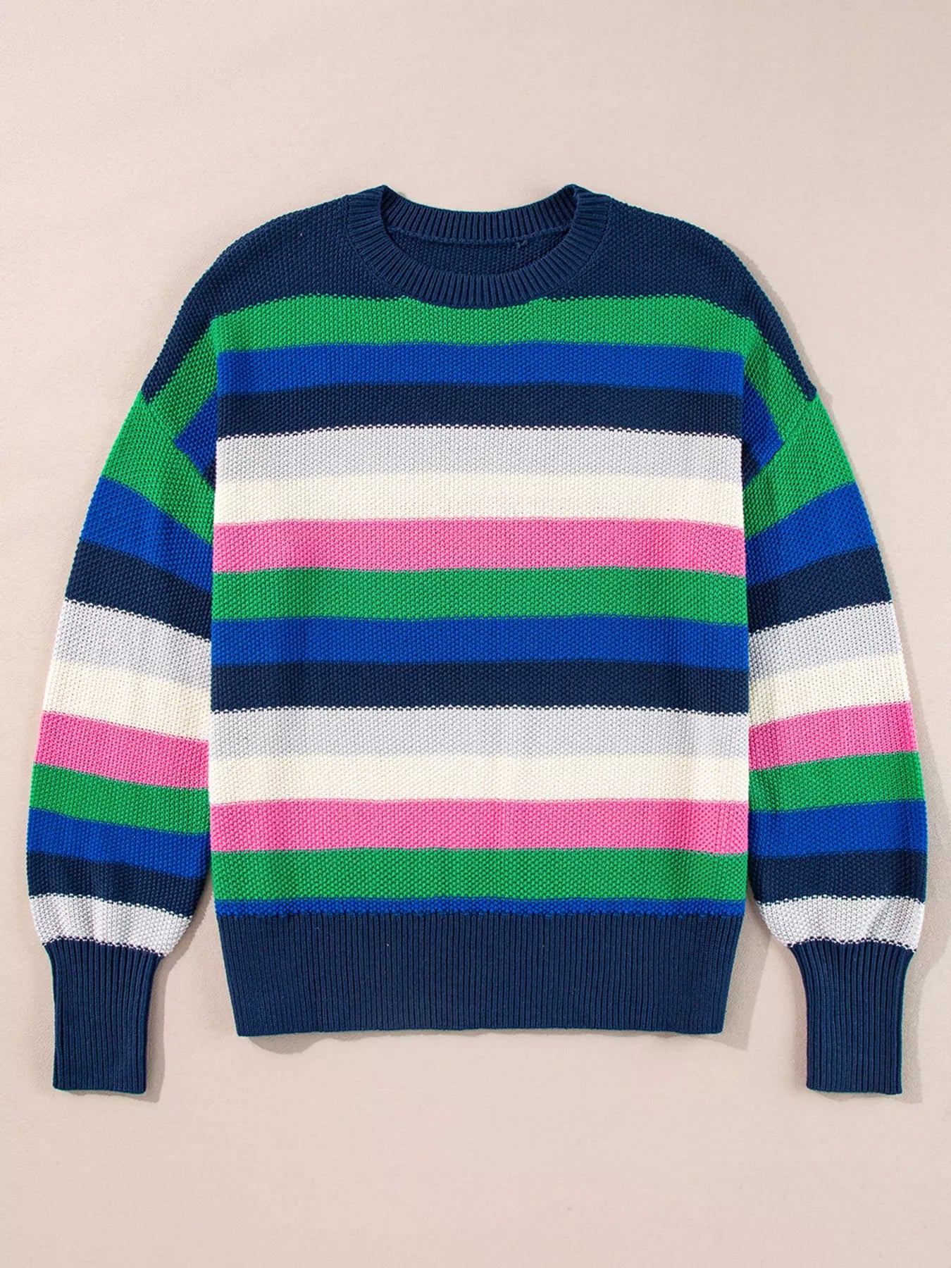 Rainbow Striped Crew Neck Drop Shoulder Sweater