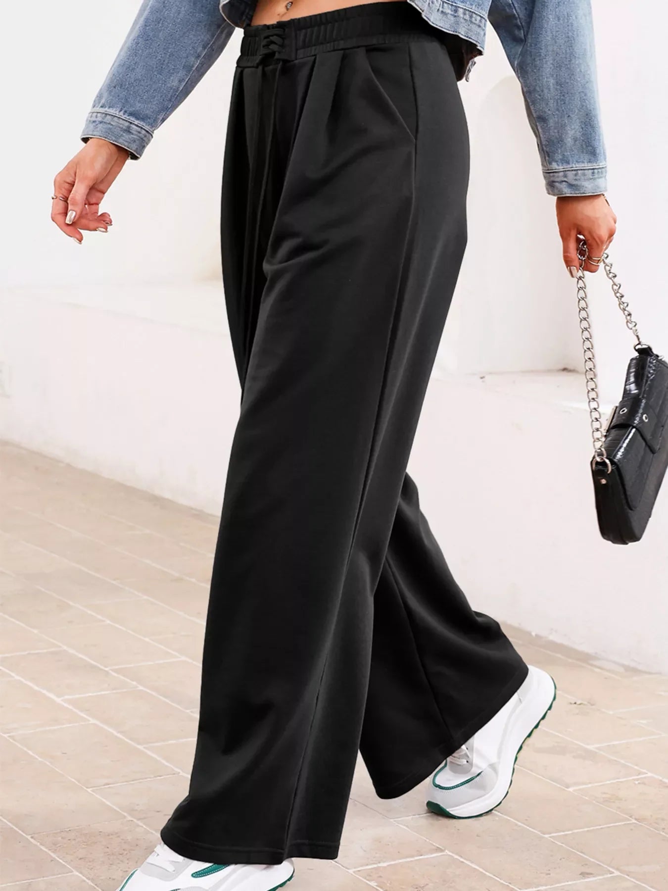 Tied Elastic High Waist Pleated Detail Solid Sweatpants