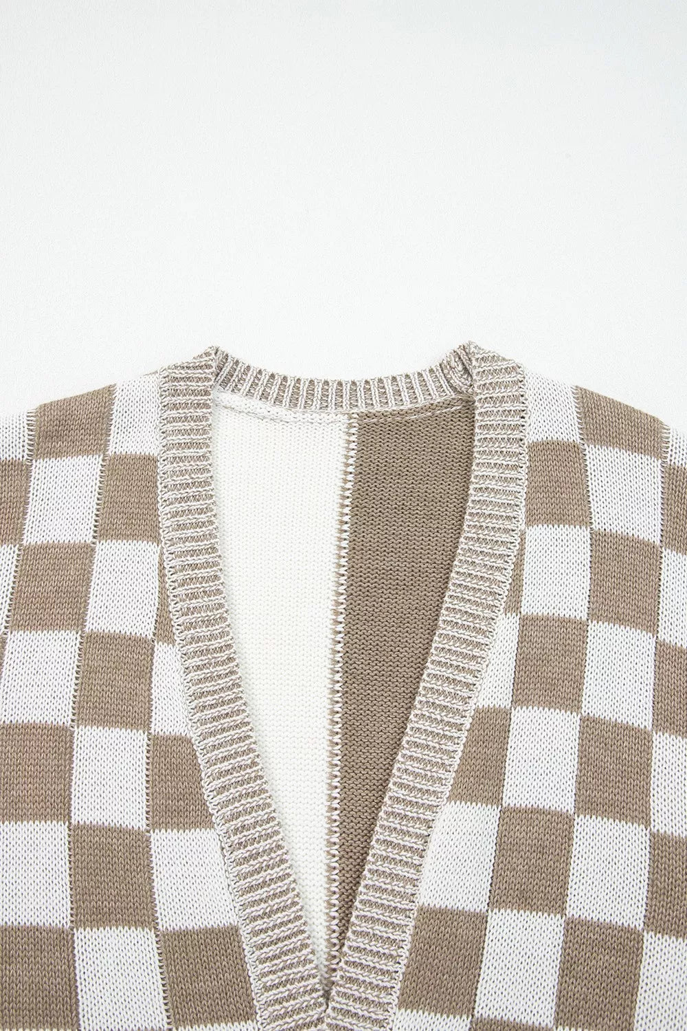Checkerboard Print Open Front Knit Cardigan