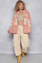 POL Embroidered Patch Hooded Jacket with Lace Detail