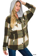 Zenana Plaid Drawstring Hooded Fleece Shacket