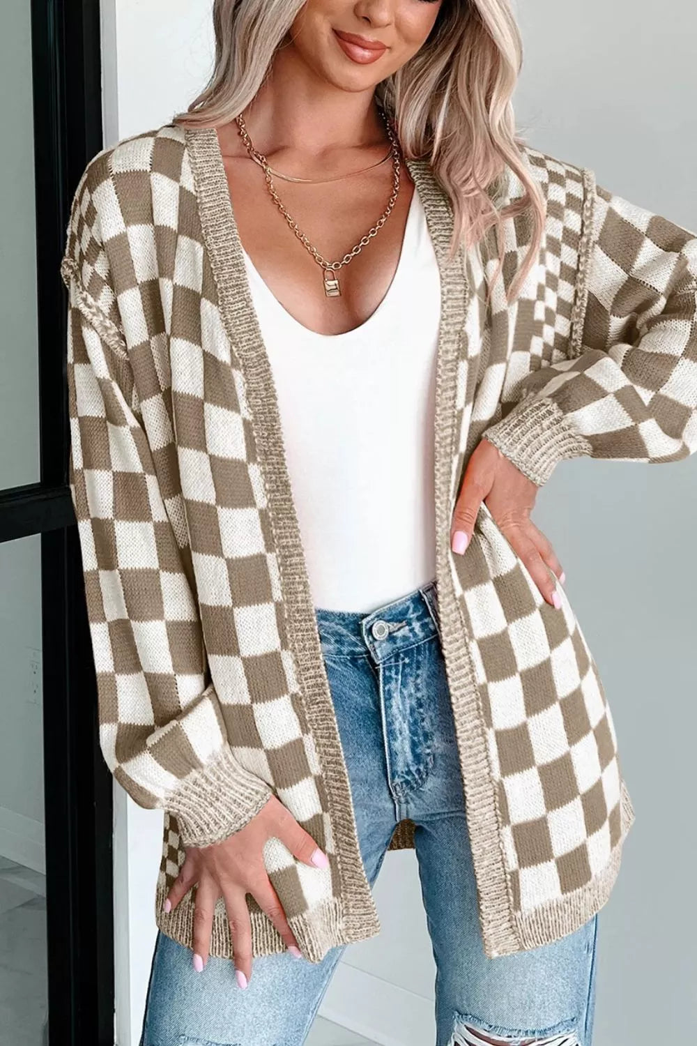 Checkerboard Print Open Front Knit Cardigan