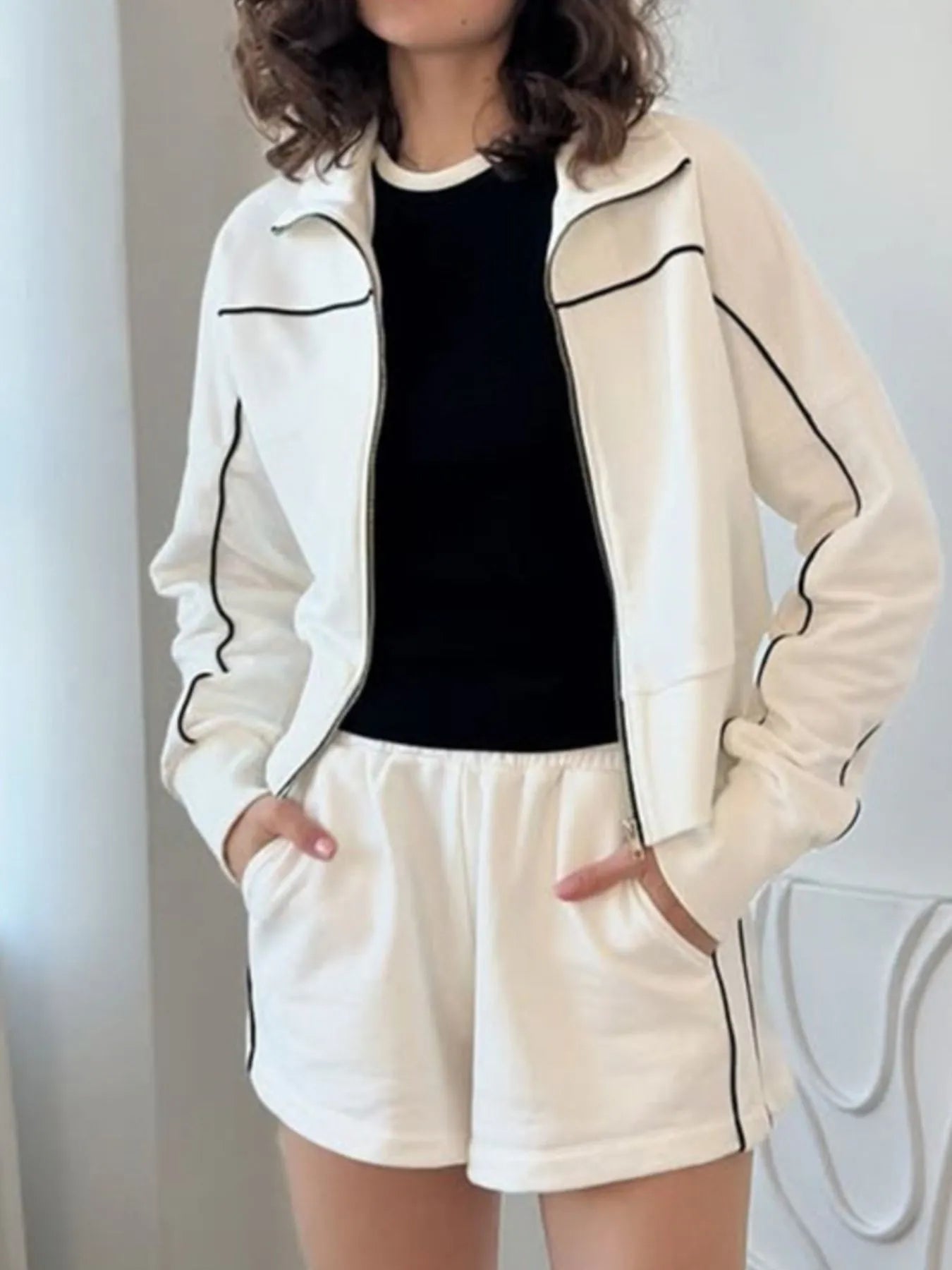 Zip Up Long Sleeve Top and Shorts Set