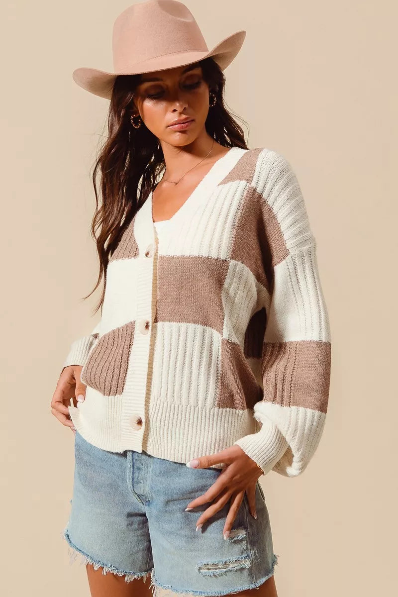 SO ME Checkered Button Front Ribbed Sweater Cardigan