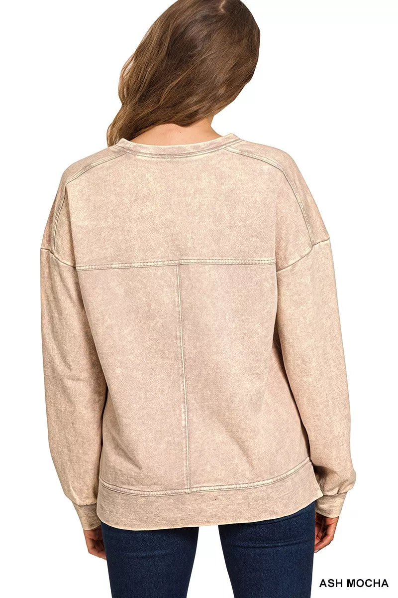 Zenana Acid Wash French Terry Exposed-Seam Pullover