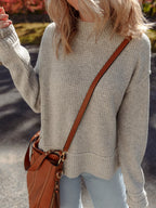 Waffle Texture Knit Ribbed High Neck Drop Shoulder Sweater