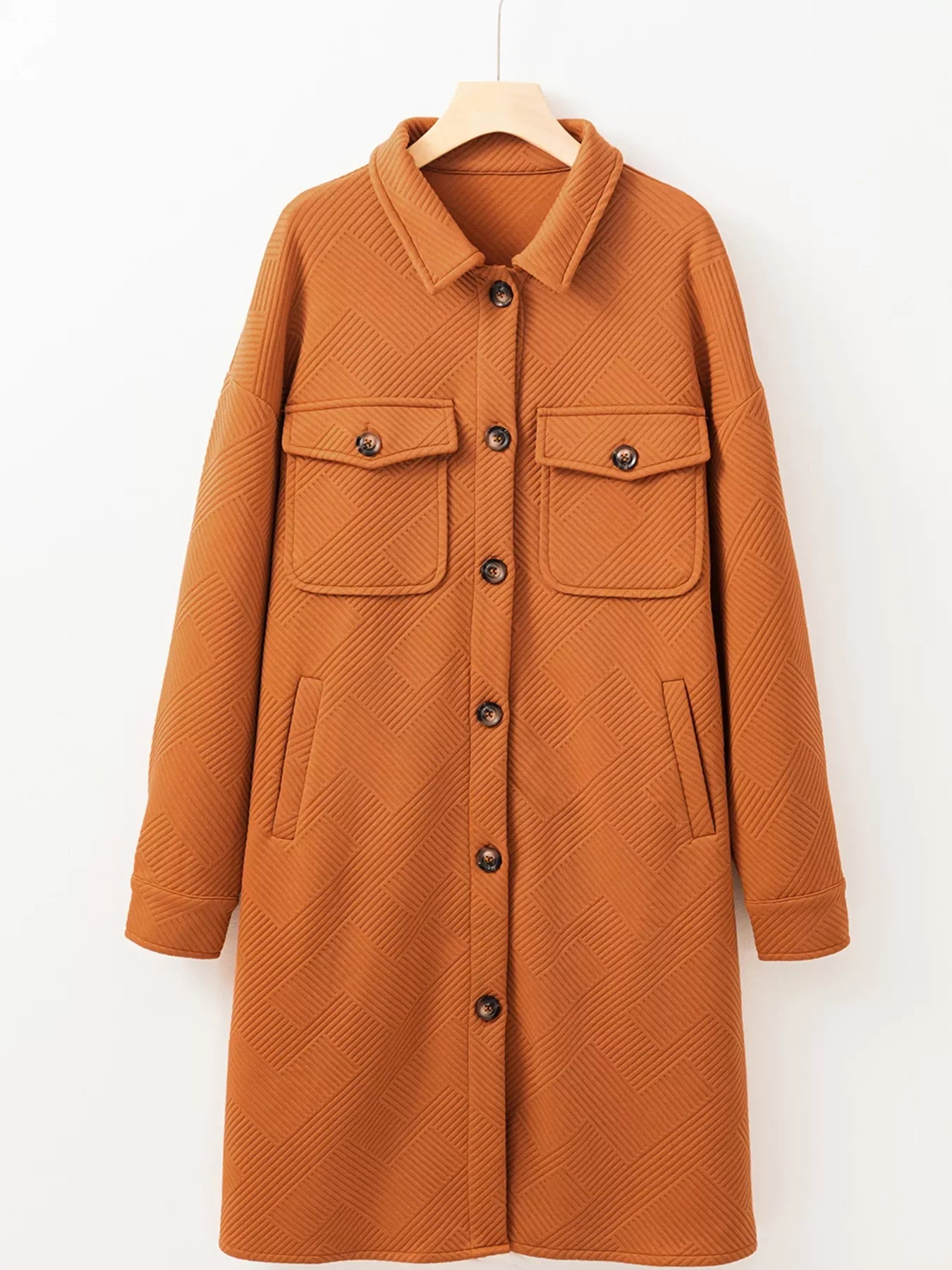 Textured Collared Drop Shoulder Buttoned Front Coat
