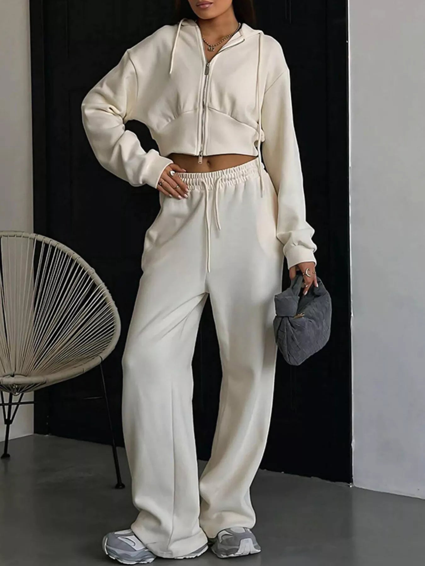 Casual Cropped Hoodie and Wide Leg Pants Set