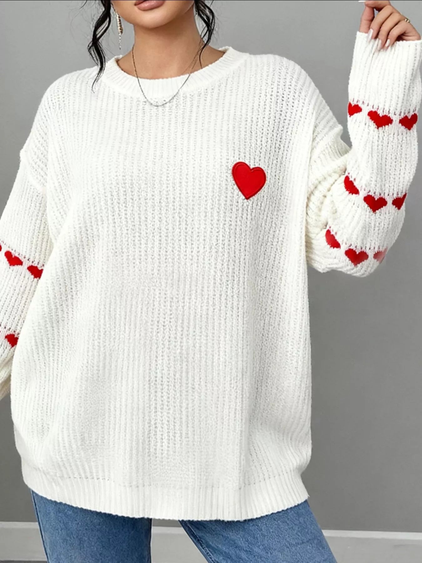 Heart Pattern Round Neck Sweater