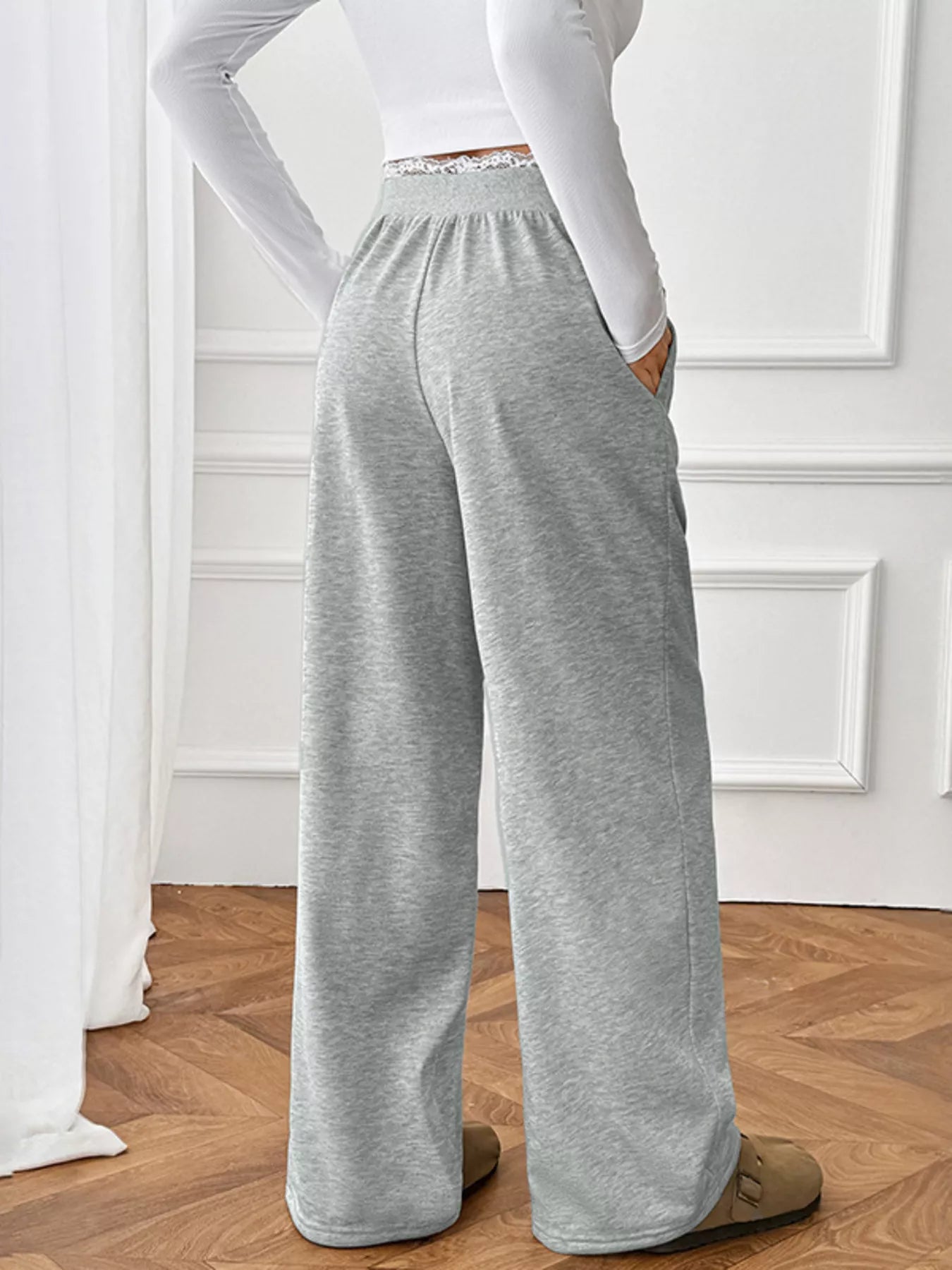 Lace Detail Wide Leg Casual Pants