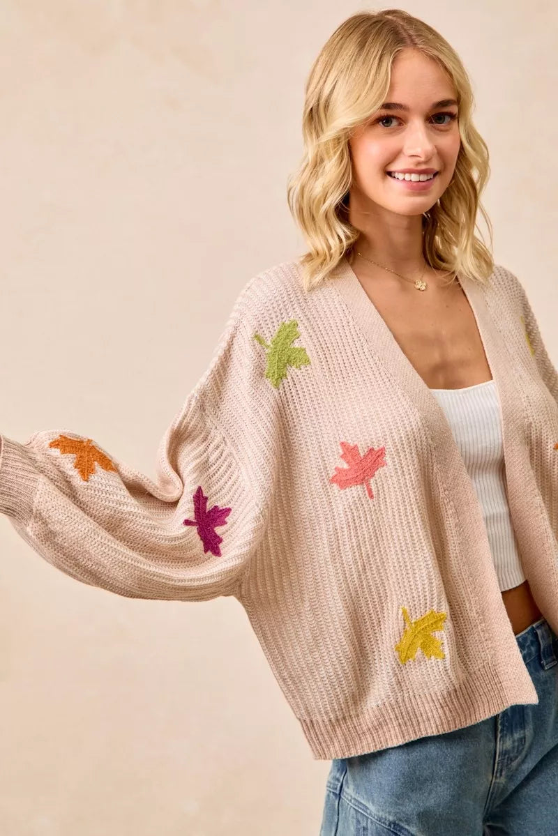BiBi Two Tone Knit Cardigan with Leaf Patches