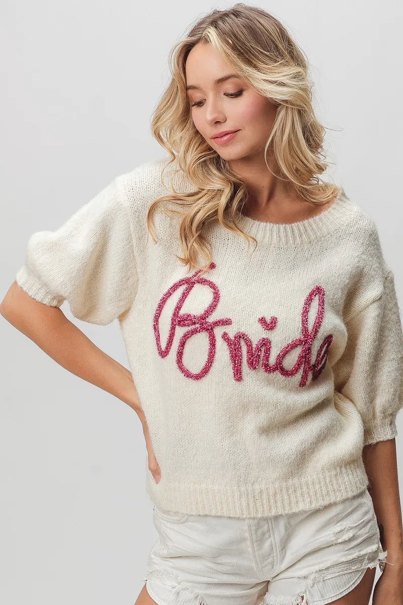 BiBi Metallic Letter Short Puff Sleeve Hairy Sweater